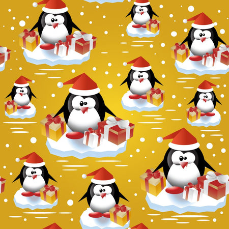 Pingüinos navideños con regalos en tela dorada 100 % algodón, vendida por yardas
