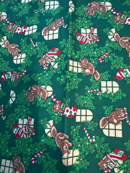 Christmas Vintage Squirrels Stockings on Green 100% Lightweight Cotton Price per Yard