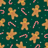 Tela de algodón 100 % verde con motivos navideños de galletas de jengibre y bastones de caramelo, vendida por yardas