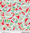 Lámina de «Lanzamiento de postales de gnomos navideños» sobre tela roja 100 % algodón. Precio por yarda.