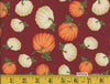 Calado de otoño con calabazas sobre tela de algodón 100 % color burdeos. Se vende por yardas.