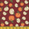 Calado de otoño con calabazas sobre tela de algodón 100 % color burdeos. Se vende por yardas.