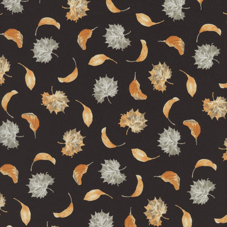 Harvest Classics: Hojas de otoño esparcidas sobre tela negra 100 % algodón. Precio por yarda