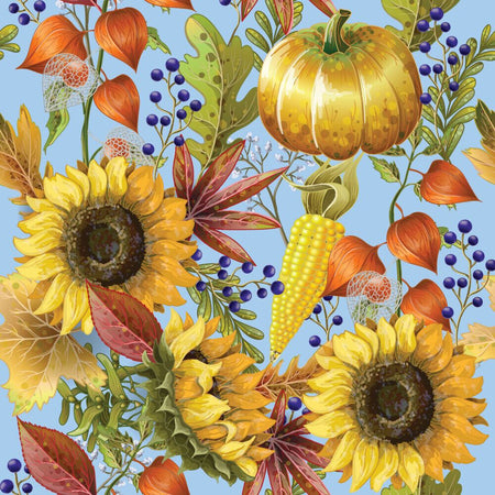 Pumpkins and Sunflowers on Blue 100% Cotton Fabric