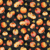 Tela de algodón 100 % con diseño de calabazas sobre fondo negro