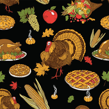 Thanksgiving Turkey Pie Gourds Corn Pie on Black 100% Cotton Fabric