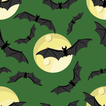 Tela de algodón 100 % verde con murciélagos de Halloween y luna llena, vendida por yardas
