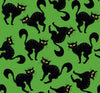 Tela de Halloween con gatos negros espeluznantes sobre fondo verde, 100 % algodón