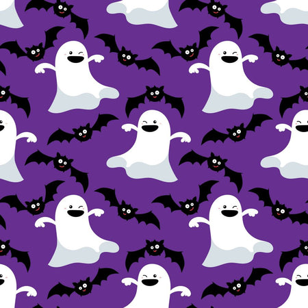 Tela de algodón 100 % de color morado con fantasmas y murciélagos bailando en Halloween
