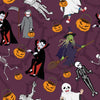 Tela de algodón 100 % con motivos de monstruos bailando en Halloween sobre fondo morado