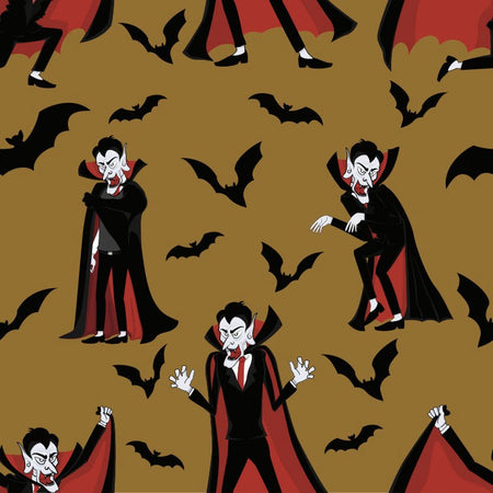 Tela marrón 100 % algodón con motivos de Drácula, vampiros y murciélagos de Halloween