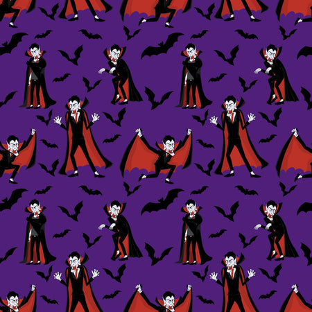 Tela de algodón 100 % con motivo de Drácula, el vampiro de Halloween, en color morado