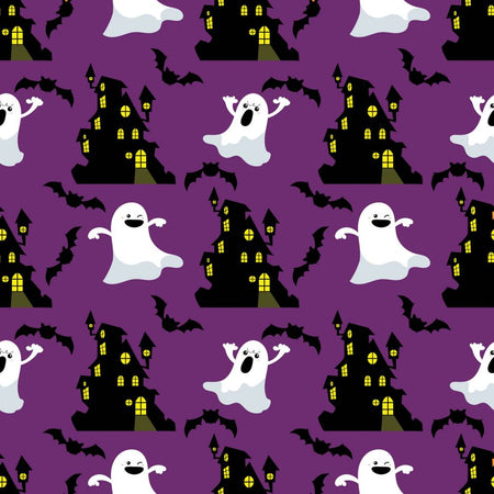 Halloween Ghosts and Haunted House on Purple 100% Cotton Fabric