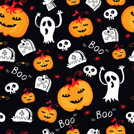Tela 100 % algodón con fantasmas de Halloween que dicen «BOO» y calabazas sobre fondo negro