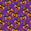 Calabazas traviesas de Halloween sobre fondo morado, 100 % algodón. Precio por yarda