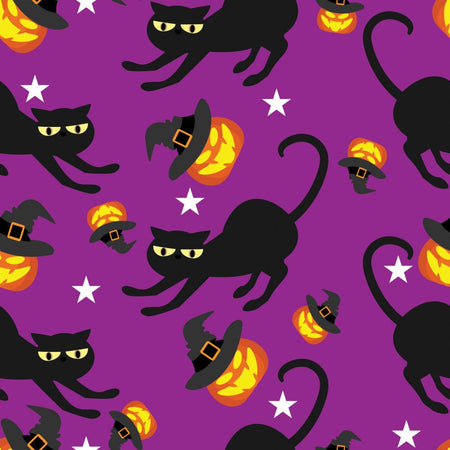 Tela morada 100 % algodón con gatos negros espeluznantes de Halloween y calabazas tiradas