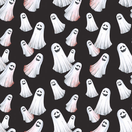 Tela de algodón 100 % con fantasmas sonrientes y espeluznantes de Halloween sobre fondo negro