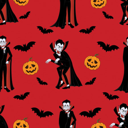 Tela roja 100 % algodón con motivos de vampiros, murciélagos y calabazas de Halloween