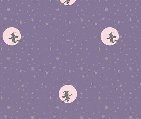 Halloween, Noche estrellada, Bruja, Luna, Lila sobre fondo morado brillante, 100 % algodón, precio por yarda