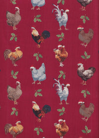 Christmas Roosters Chickens wearing Santa Hats on Red  100% Cotton