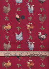 Christmas Roosters Chickens wearing Santa Hats on Red  100% Cotton