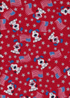 Cachorros patrióticos con banderas sobre fondo rojo brillante, 100 % algodón. Precio por yarda