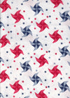 Molinillos y estrellas patrióticos sobre fondo blanco, 100 % algodón. Precio por yarda.