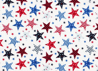 Estrellas y rayas patrióticas sobre fondo blanco, 100 % algodón. Precio por yarda
