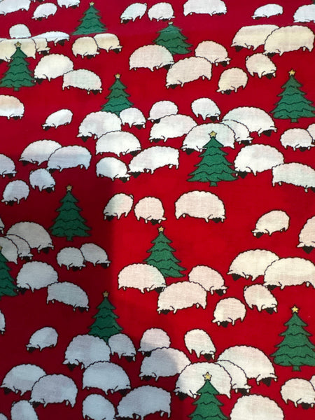 Christmas Vintage Sheep and Trees on Green 100% Lightweight Cotton Price per Yard