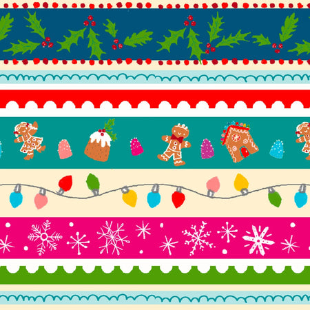 Cinta decorativa «Christmas Hollidazzle» con rayas sobre fondo blanco. Precio por yarda