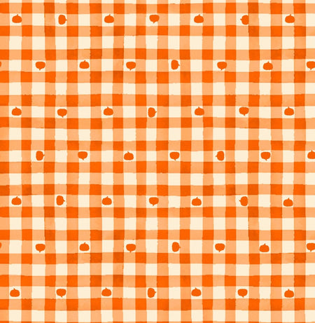 Calabazas sobre fondo de cuadros vichy naranjas, 100 % algodón. Precio por yarda