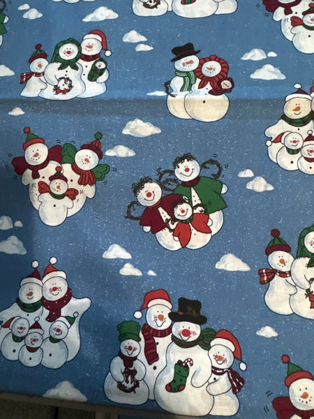 Vintage Snowmen and Clouds on Blue 100% Lightweight Cotton Price per Yard