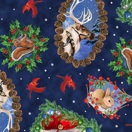 Navidad: Papá Noel y retratos de animales sobre fondo azul, 100 % algodón. Precio por yarda.