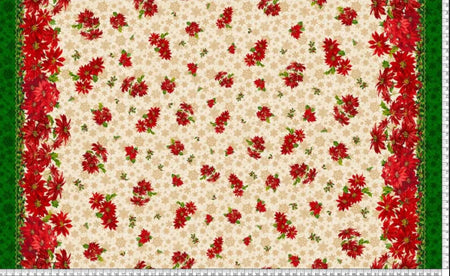 Tela de algodón 100 % color crema con doble borde de poinsettias de 60" de ancho. Precio por yarda.