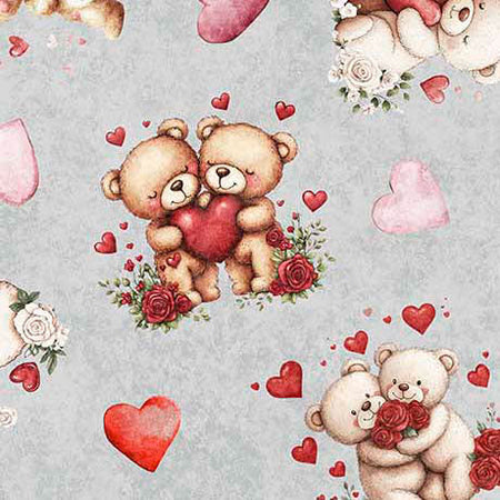 Ositos y corazones de San Valentín sobre fondo gris, 100 % algodón. Precio por yarda