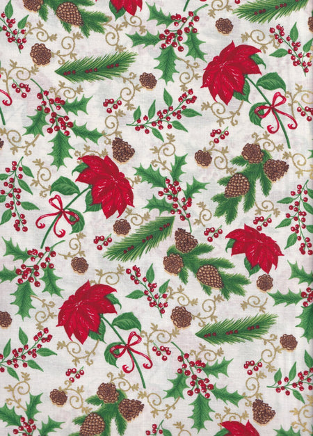 Poinsettias and Pinecones Ivory Gold on White Metallic 100% Cotton Price per Yard