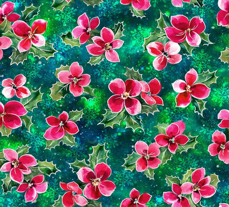 Poinsettias rosas y acebo sobre fondo verde azulado, 100 % algodón