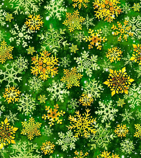 Copos de nieve sobre fondo verde, 100 % algodón