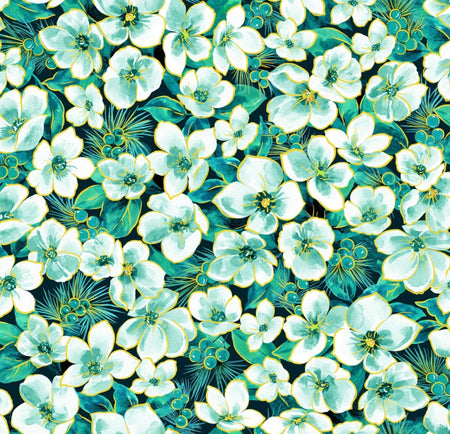 Estampado floral pequeño sobre fondo verde azulado, 100 % algodón