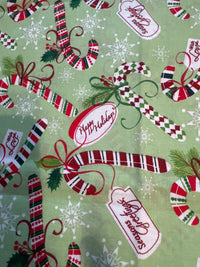 Christmas Large Candy Canes and Tags on Green 100% Cotton Price per Yard
