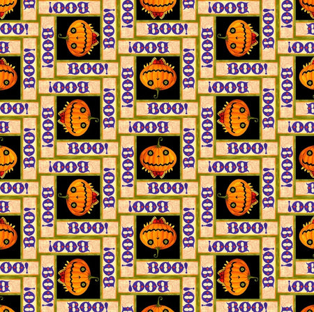 Calabazas de Halloween con estampado «Boo» en tela naranja 100 % algodón. Precio por yarda