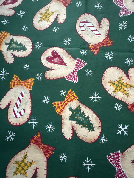 Vintage Mittens with Ribbons and Icons on Green 100% Lightweight Cotton Price per Yard