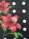 Tela de poliéster y algodón con estampado de lunares y campanillas negras