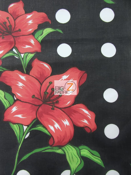 Tela de poliéster y algodón con estampado de lunares y campanillas negras