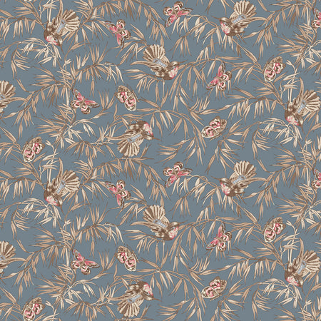 Tejido de algodón «Birds and Butterflies Blue Meadow Blush», 43"/44", por yarda
