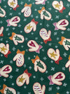 Manoplas vintage con cintas e iconos sobre fondo verde, 100 % algodón ligero. Precio por yarda.