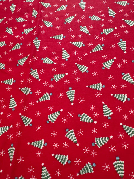 Christmas Vintage Mini Trees and Snowflakes on Red 100% Lightweight Cotton Price per Yard