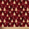 Árboles navideños dorados y copos de nieve sobre fondo rojo, 100 % algodón. Precio por yarda.