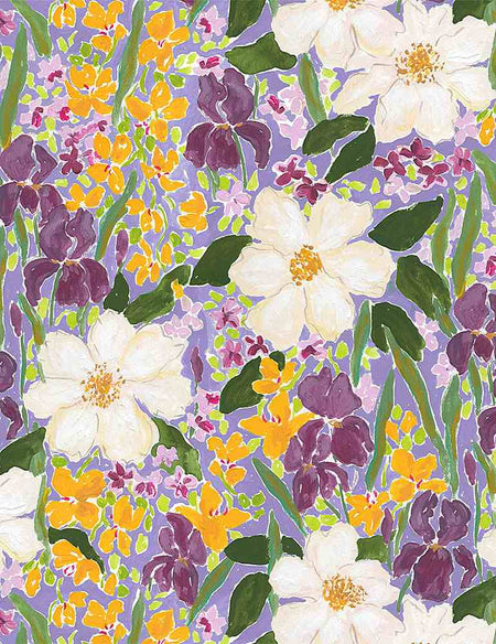 Estampado floral sobre fondo morado, 100 % algodón. Se vende por yardas. Tejido original.