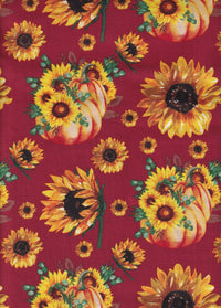 Sunflower Bouguets and Pumpkins on Burgundy 100% Cotton Price per Yard